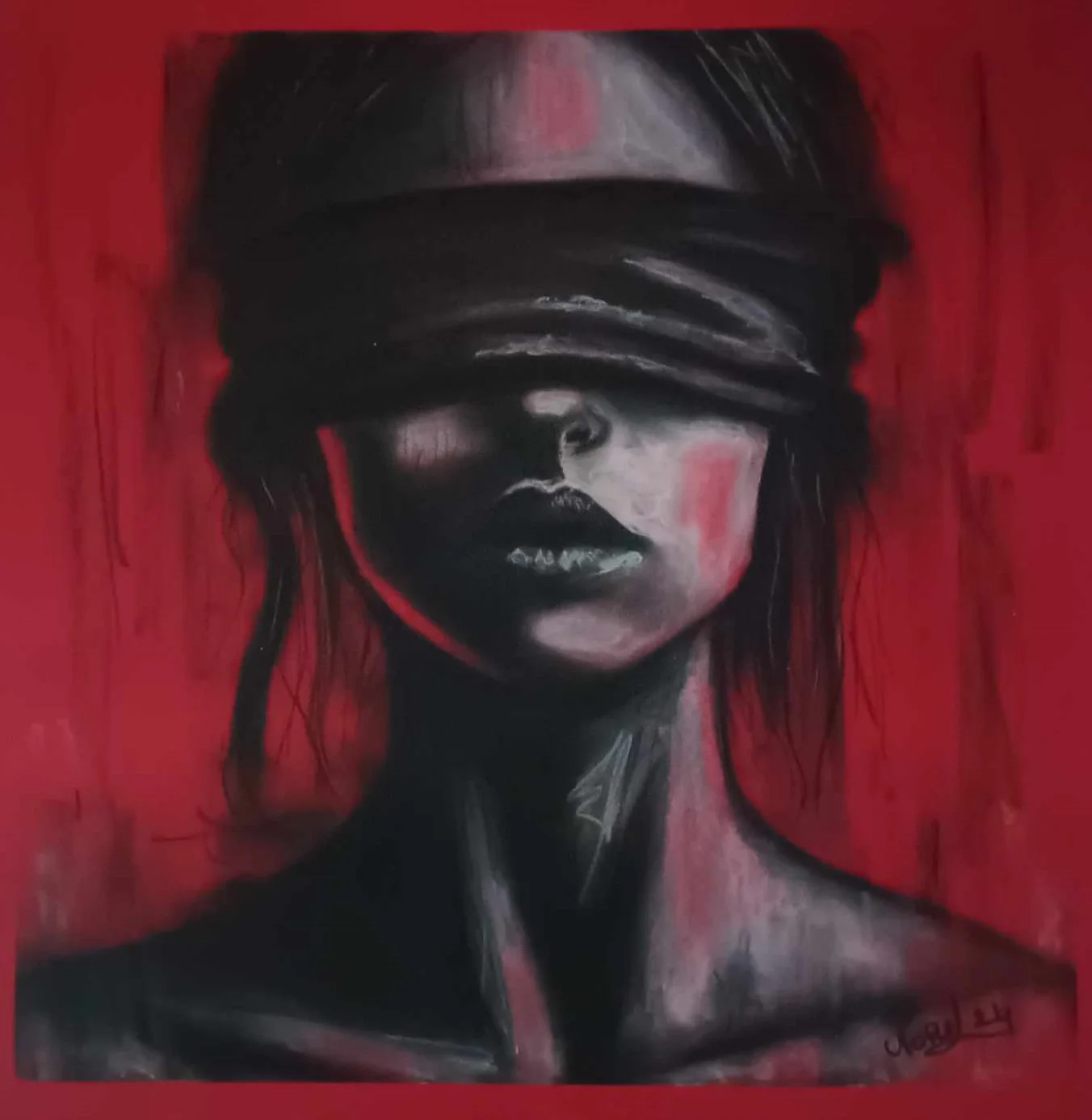 Peinture de Norel Art représentant un visage voilé dans une palette rouge et noire